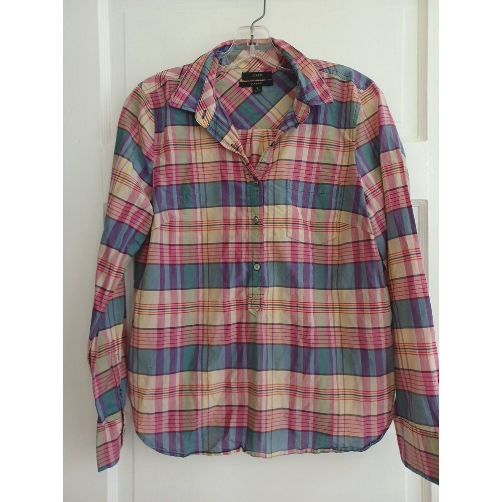 J. Crew pink blue plaid popover silkblend shirt womens S preppy timeless top